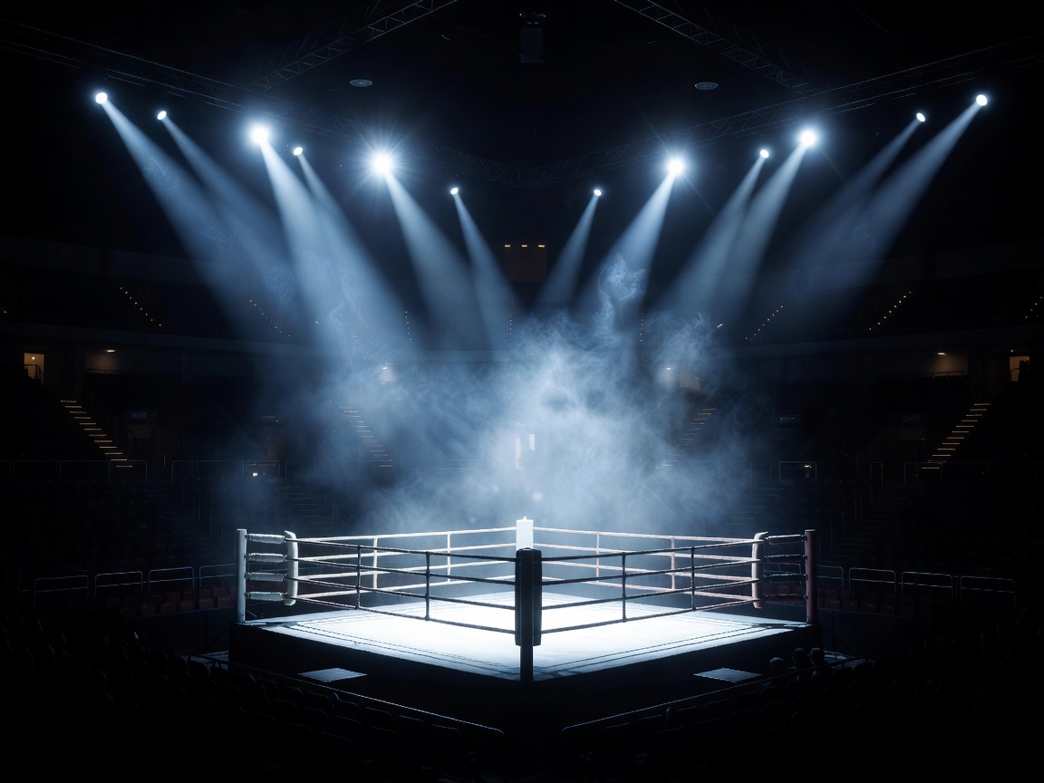 Boxing arena illuminated by bright spotlights before a fight