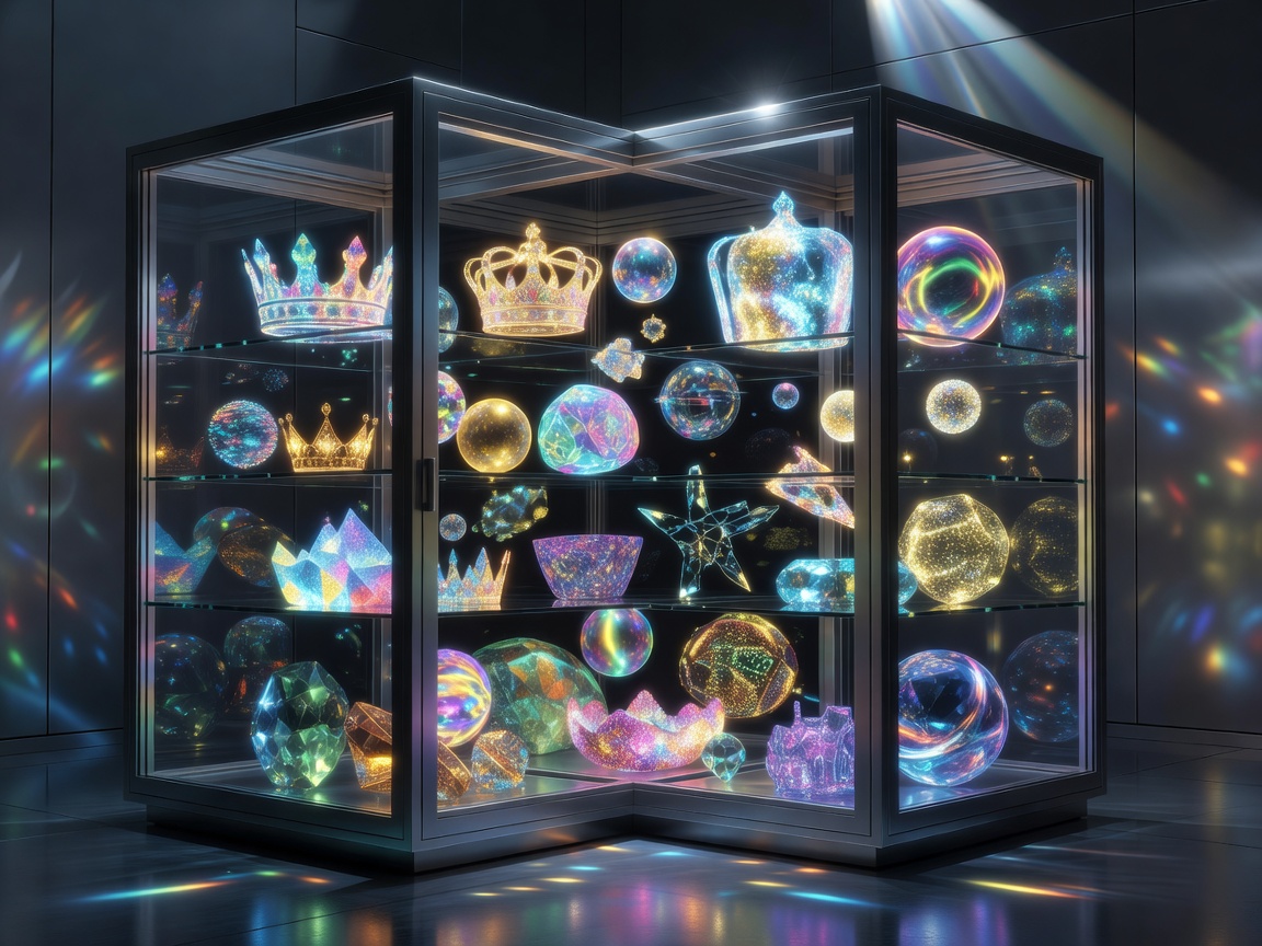 A massive open trophy display case filled with glowing virtual treasures