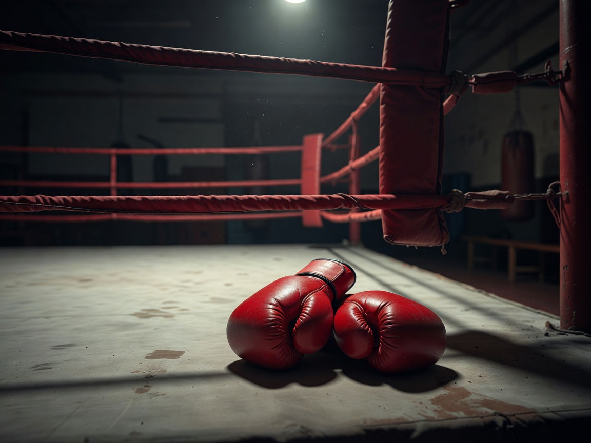 Red boxing gloves resting in the corner of a boxing ring