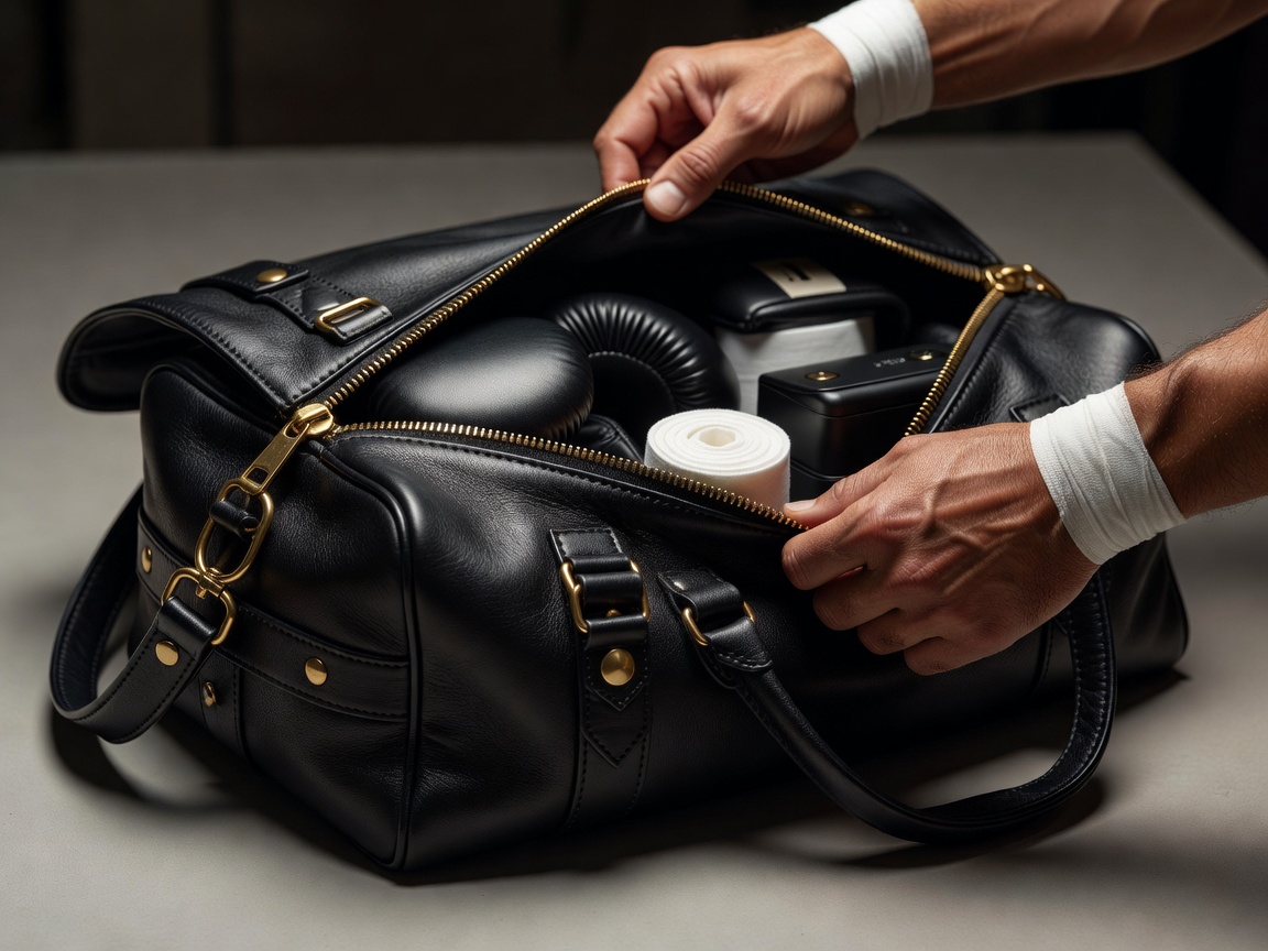 Close up of a premium boxing equipment bag being opened